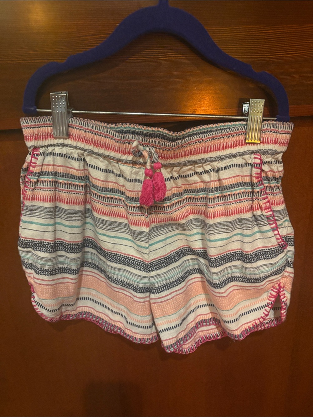 Peek Pink, White & Blue Striped Pull-Tie Women's Athletic Shorts